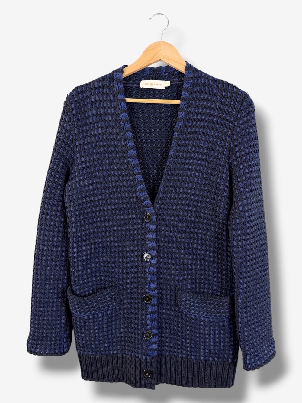 Tory Burch Blue Chunky Knit Merino Wool Cardigan XS Boyfriend Academia Preppy